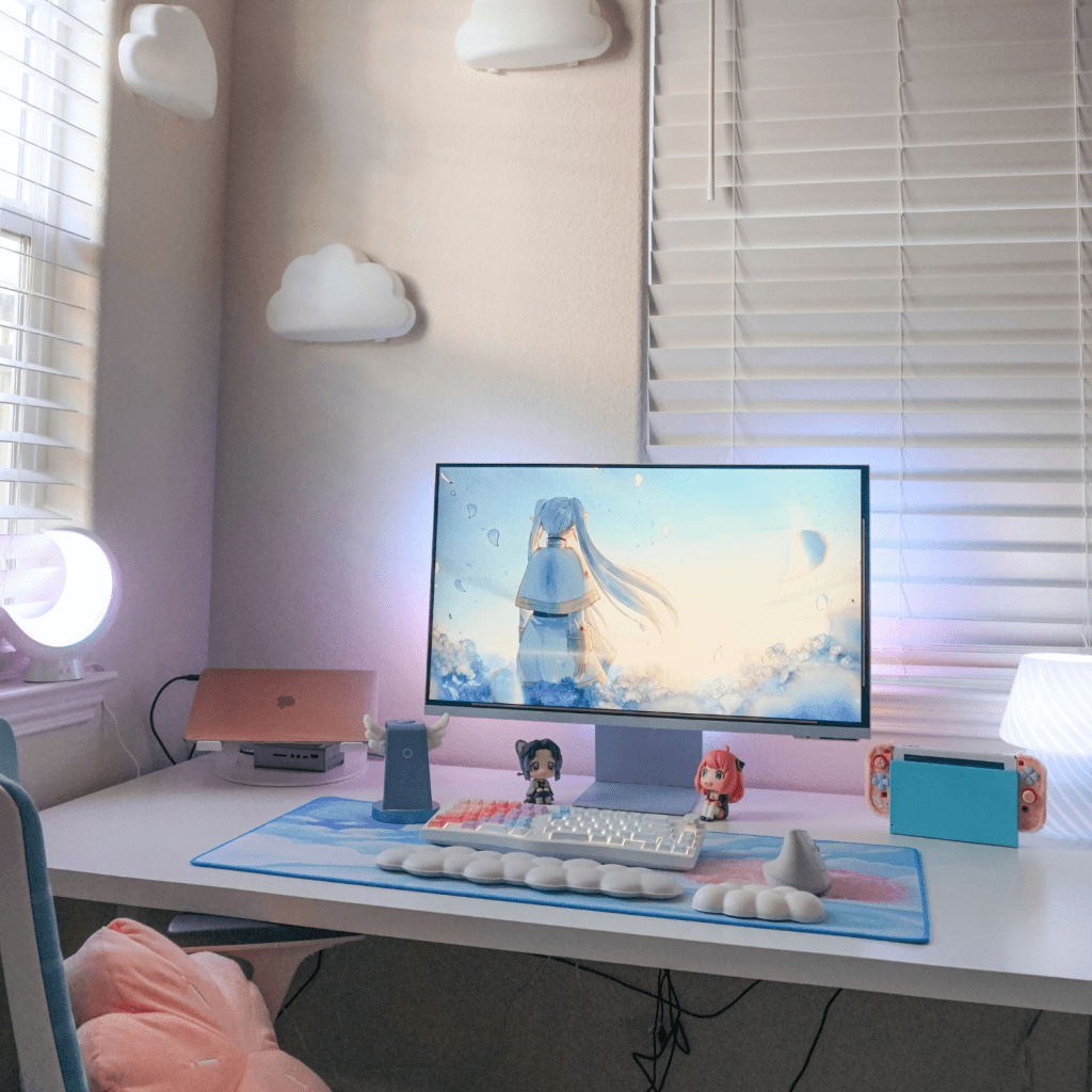 blue desk setup, blue workspace, blue office