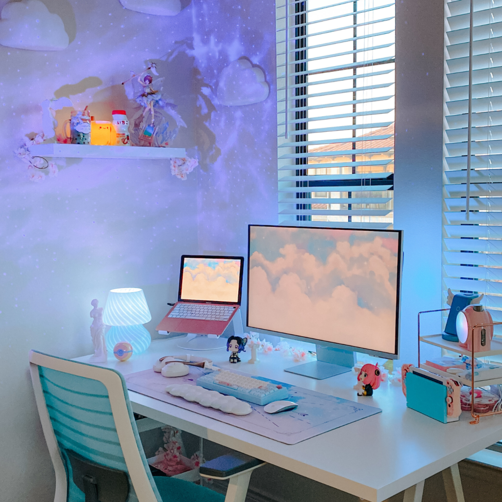 blue desk setup, blue workspace, blue office